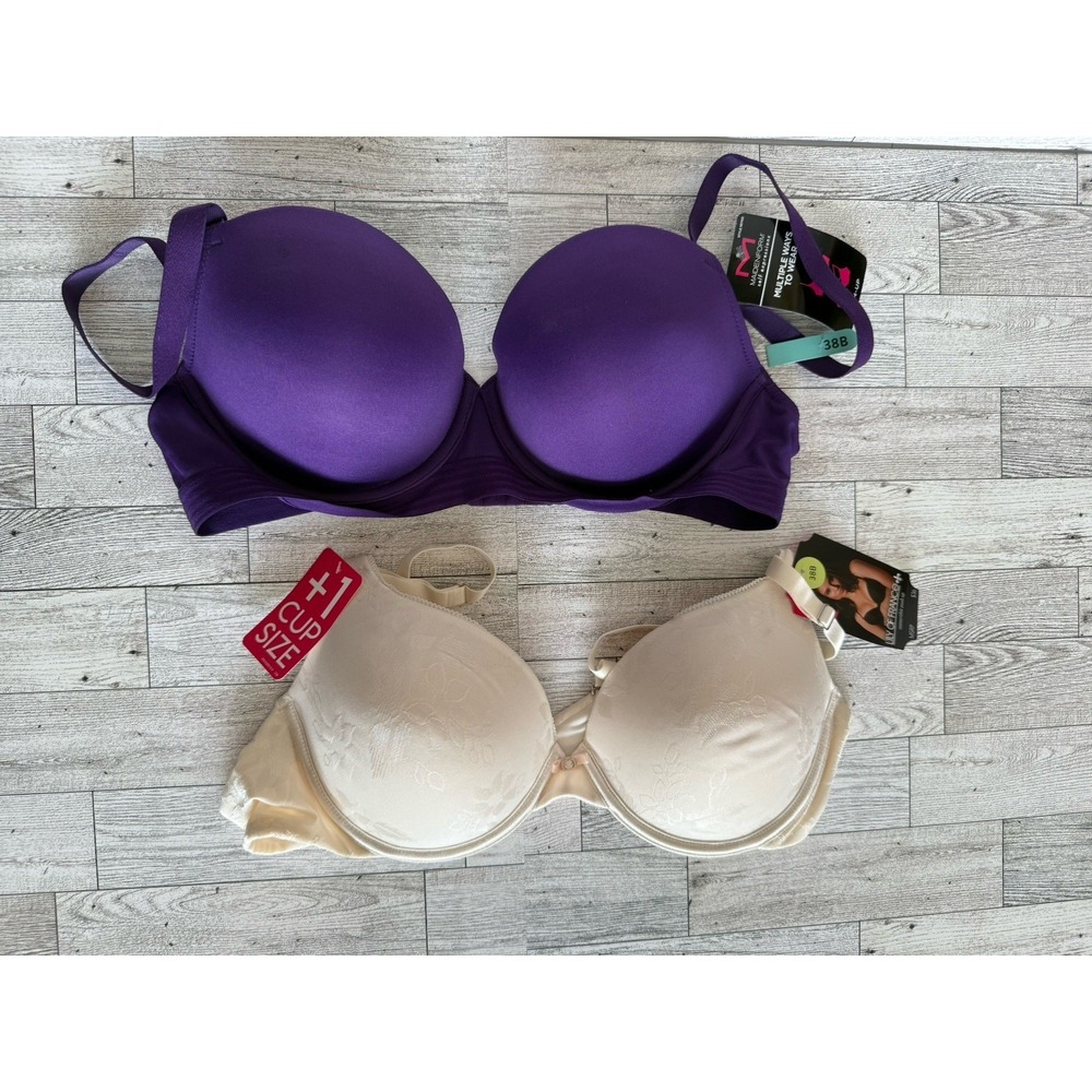 Two NWT Bras Size 38B‎ Purple, White Adjustable Straps Hook Closure